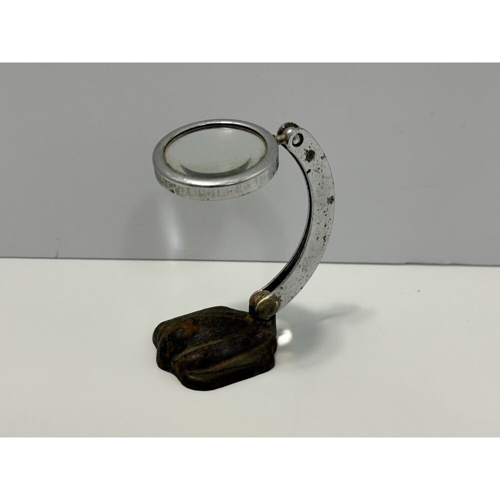 1950s MCM Standing Magnifying Glass W/ Cast Iron Base